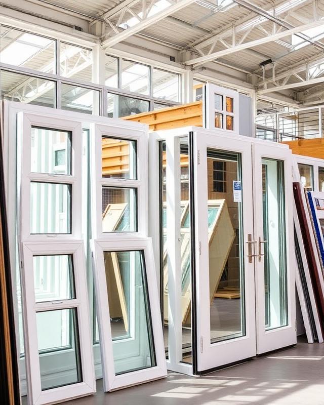 Fenêtres et portes exposées dans un dépôt de menuiserie