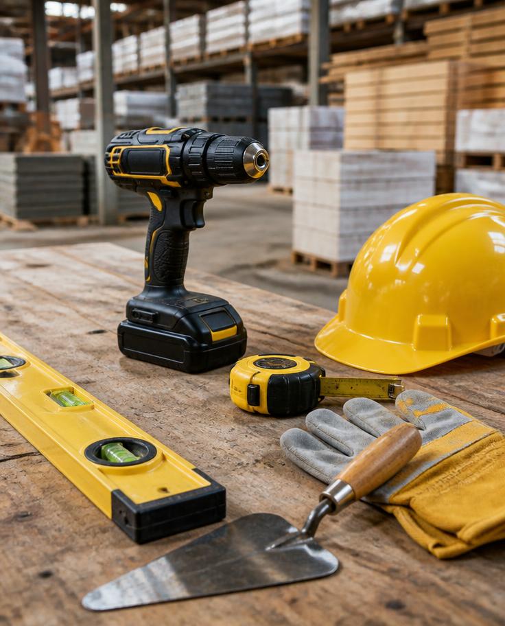 Outillage professionnel de chantier posé sur un établi dans un dépôt de matériaux