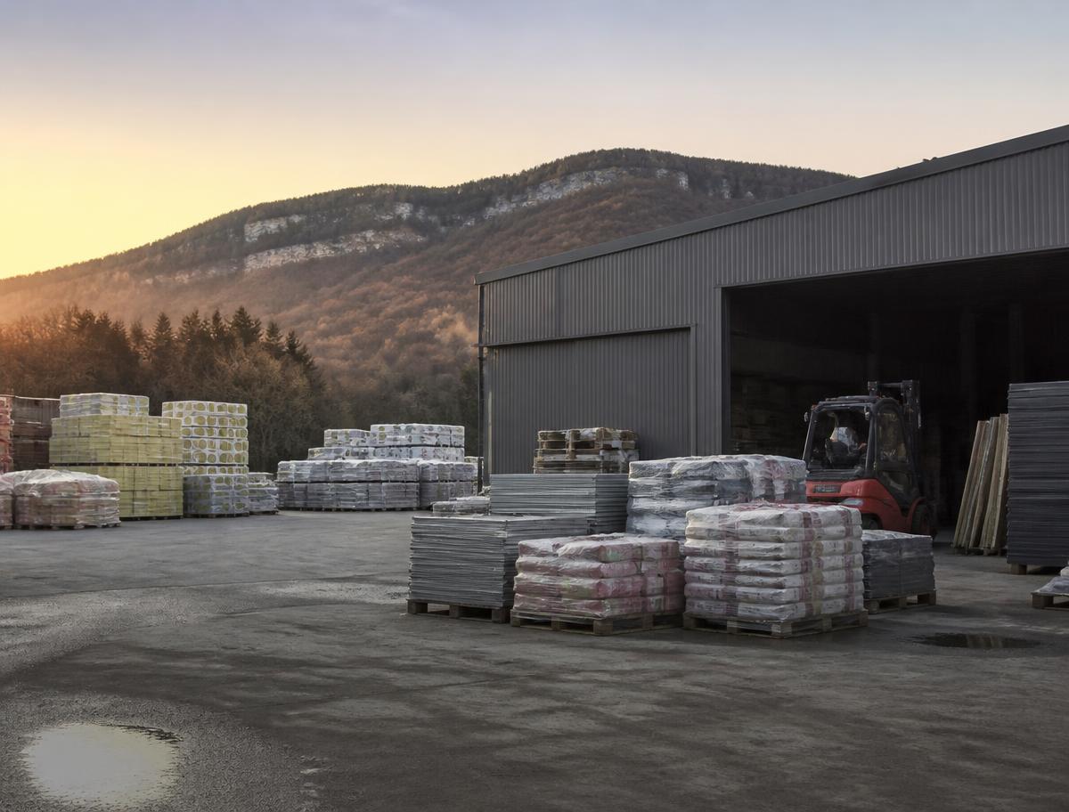 Dépôt Batimats à l'aube : palettes de matériaux, panneaux isolants et chariot élévateur